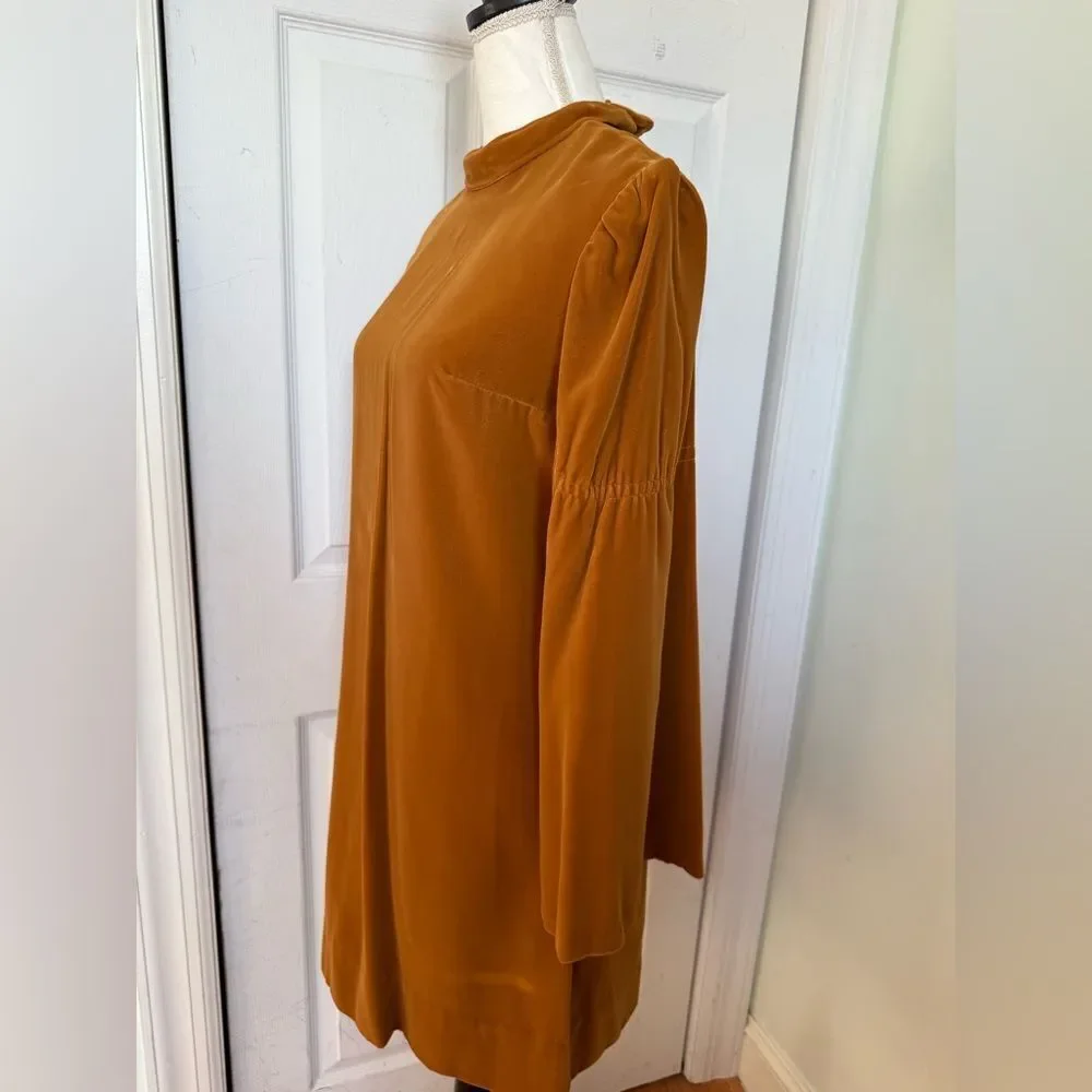1970s Mustard Colored Rich Velvet High-Collar Dress